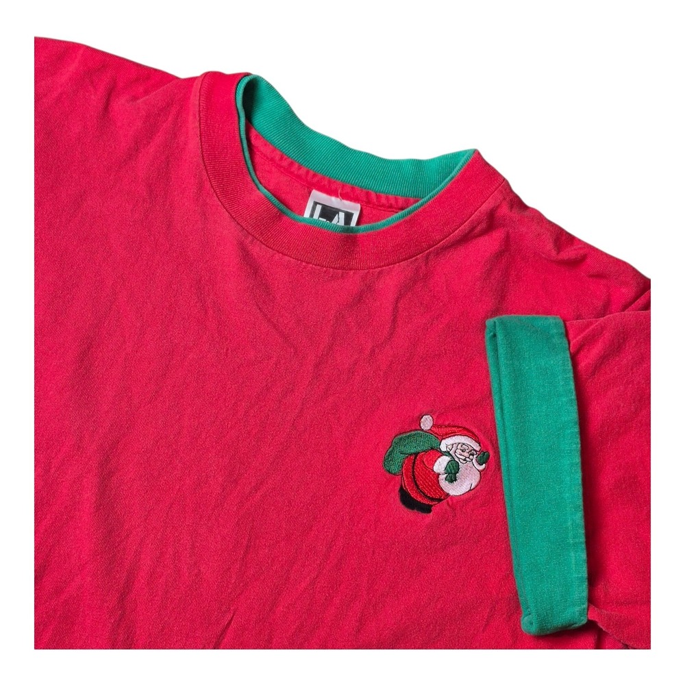 VTG L.A. Sportswear Christmas Santa Claus Tee Red Green Roll Sleeve USA Womens L